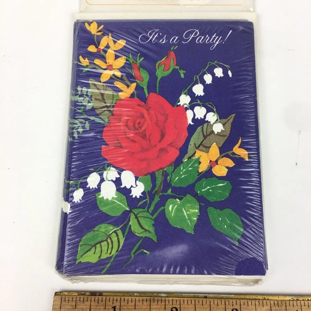 Vtg American Greetings Invitation Its a Party Rose Floral 8 Pack w Card Envelope